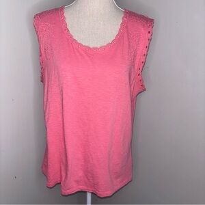 Talbots shell pink coral eyelet trim sleeveless tee shirt slub knit size Large